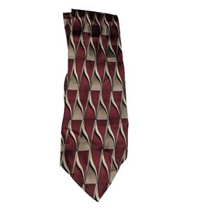 George Machado Zylos Men's Geometric Necktie 100% Silk Maroon Tan White Vintage